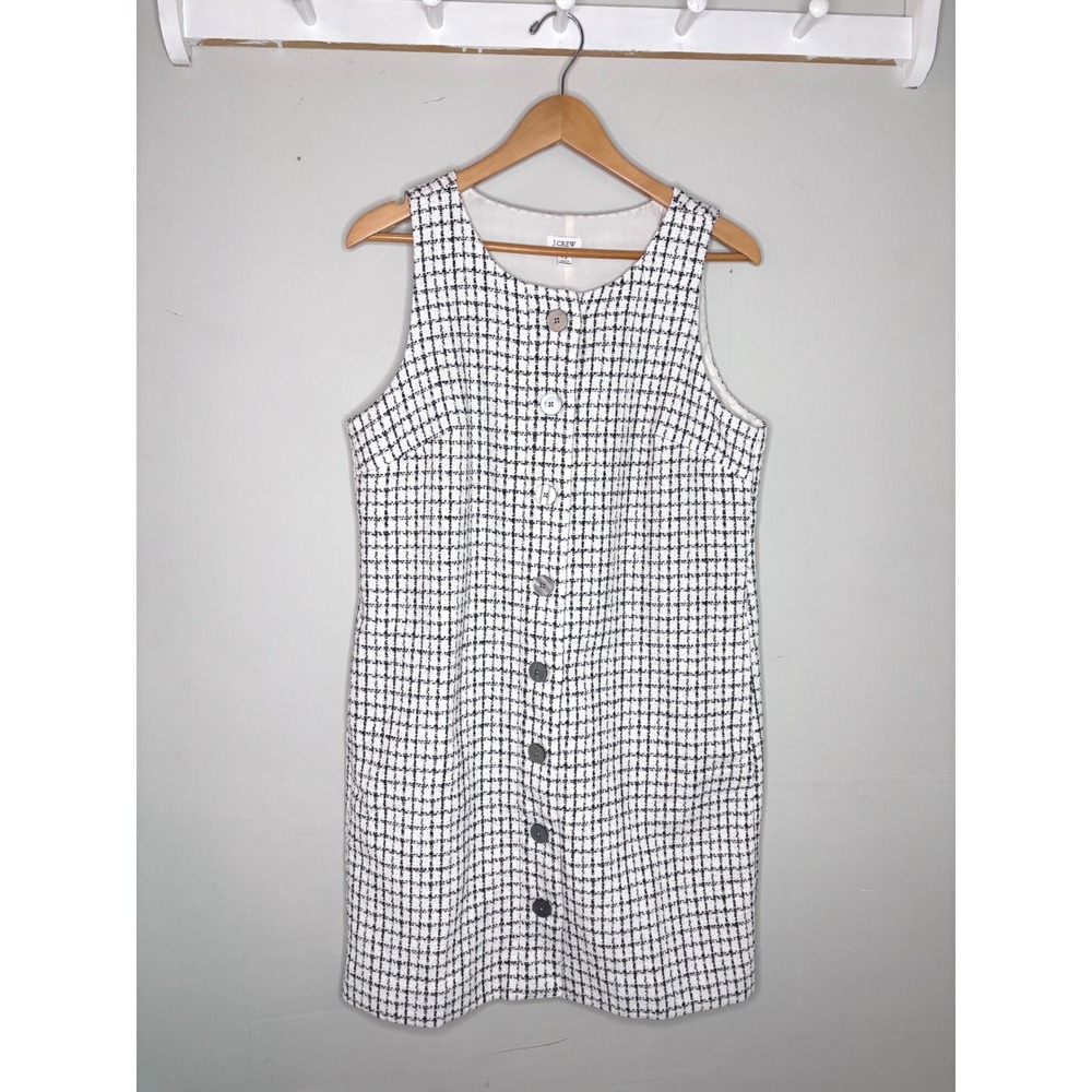 J Crew Tweed Shift Dress Black White Button Front Sleeveless Womens 12